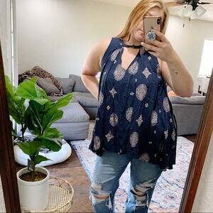 Free People Navy Bohemian Keyhole Cutout Tank Tunic Dress Top Blouse Small